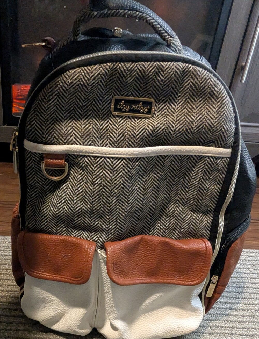 itzy ritzy Herringbone Backpack in Black, White & Brown